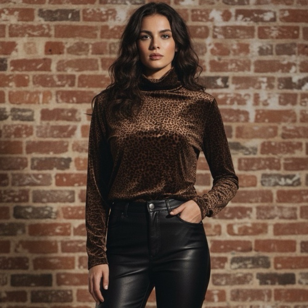 Vintage Velvet Cheetah Turtleneck Top Size M